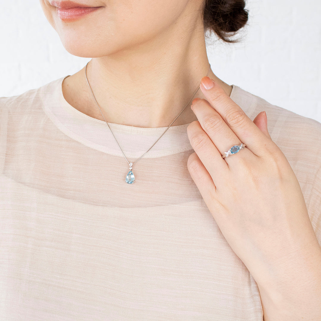 アクアマリン/ダイヤモンド プラチナネックレス(2.00カラット/ペアシェイプ/3月誕生石)《26A01104》