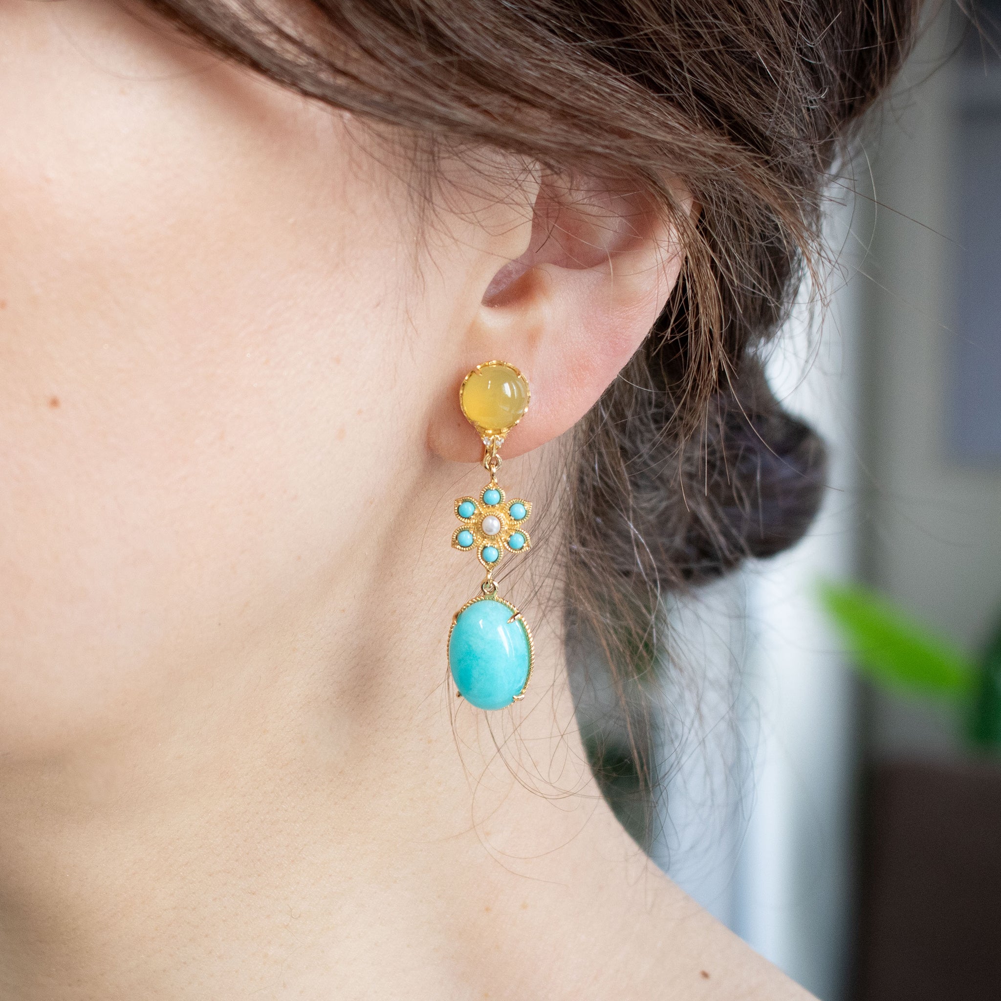 アマゾナイト/イエローカルセドニー シルバーイヤリング(フラワーモチーフ)《26A01411》