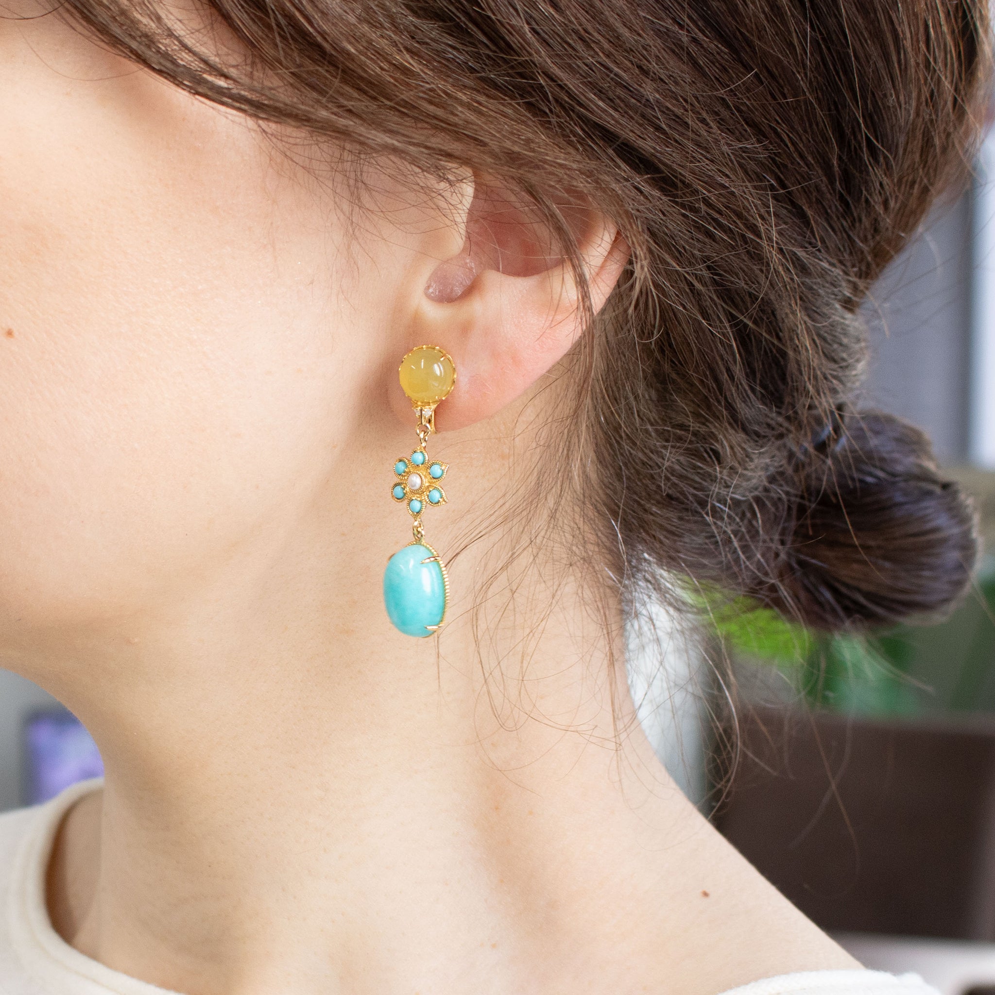 アマゾナイト/イエローカルセドニー シルバーイヤリング(フラワーモチーフ)《26A01411》