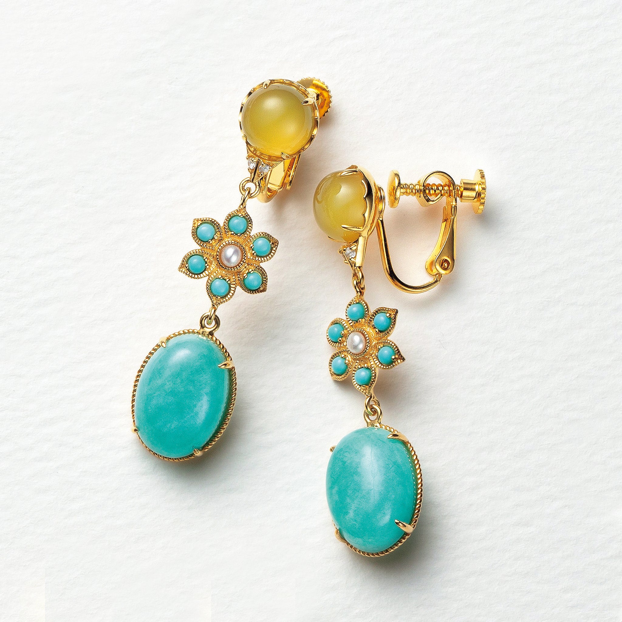 アマゾナイト/イエローカルセドニー シルバーイヤリング(フラワーモチーフ)《26A01411》