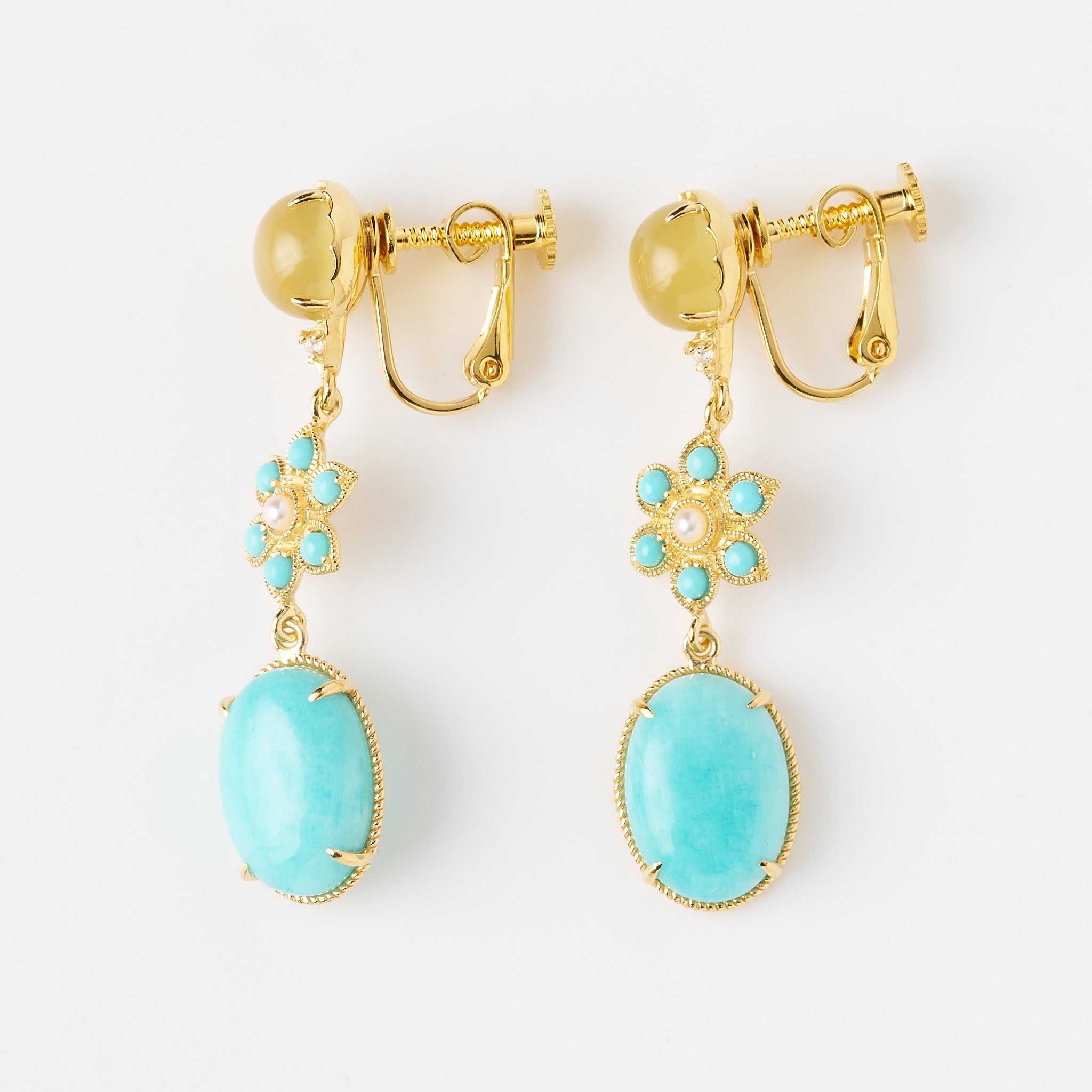 アマゾナイト/イエローカルセドニー シルバーイヤリング(フラワーモチーフ)《26A01411》