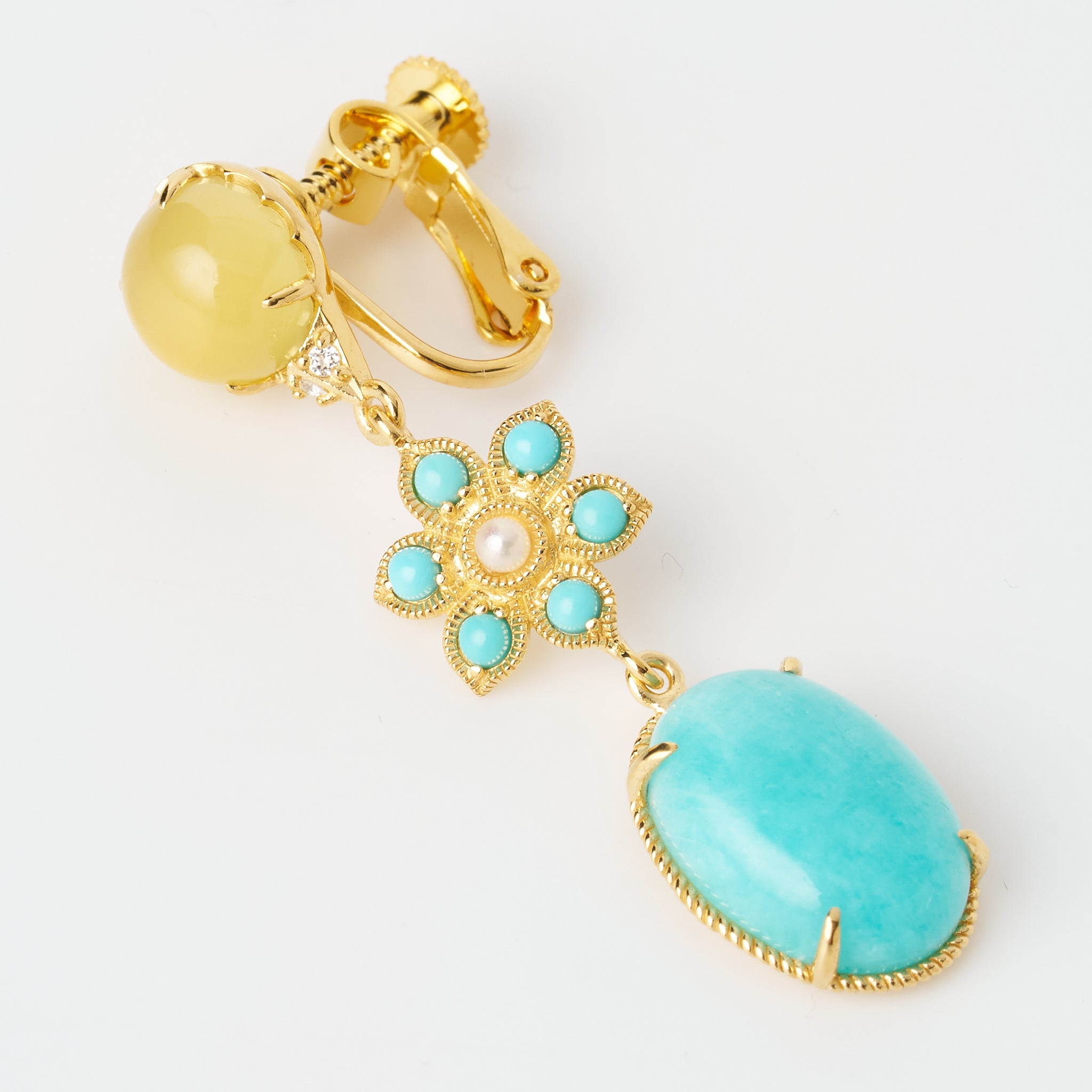 アマゾナイト/イエローカルセドニー シルバーイヤリング(フラワーモチーフ)《26A01411》