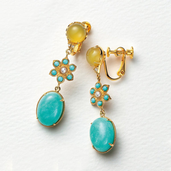 アマゾナイト/イエローカルセドニー シルバーイヤリング(フラワー