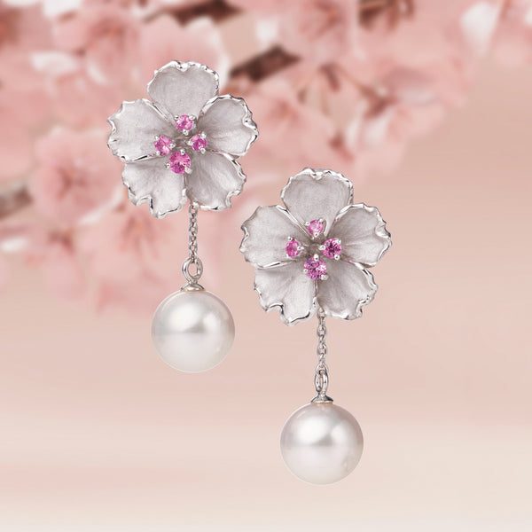 パール/ピンクサファイア プラチナピアス(アコヤ真珠/桜モチーフ/9月