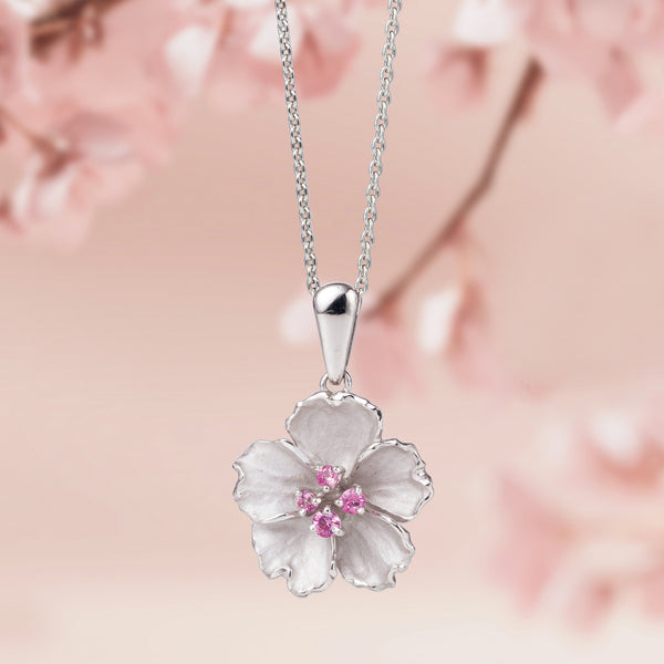 ピンクサファイア プラチナネックレス(桜モチーフ/9月誕生石