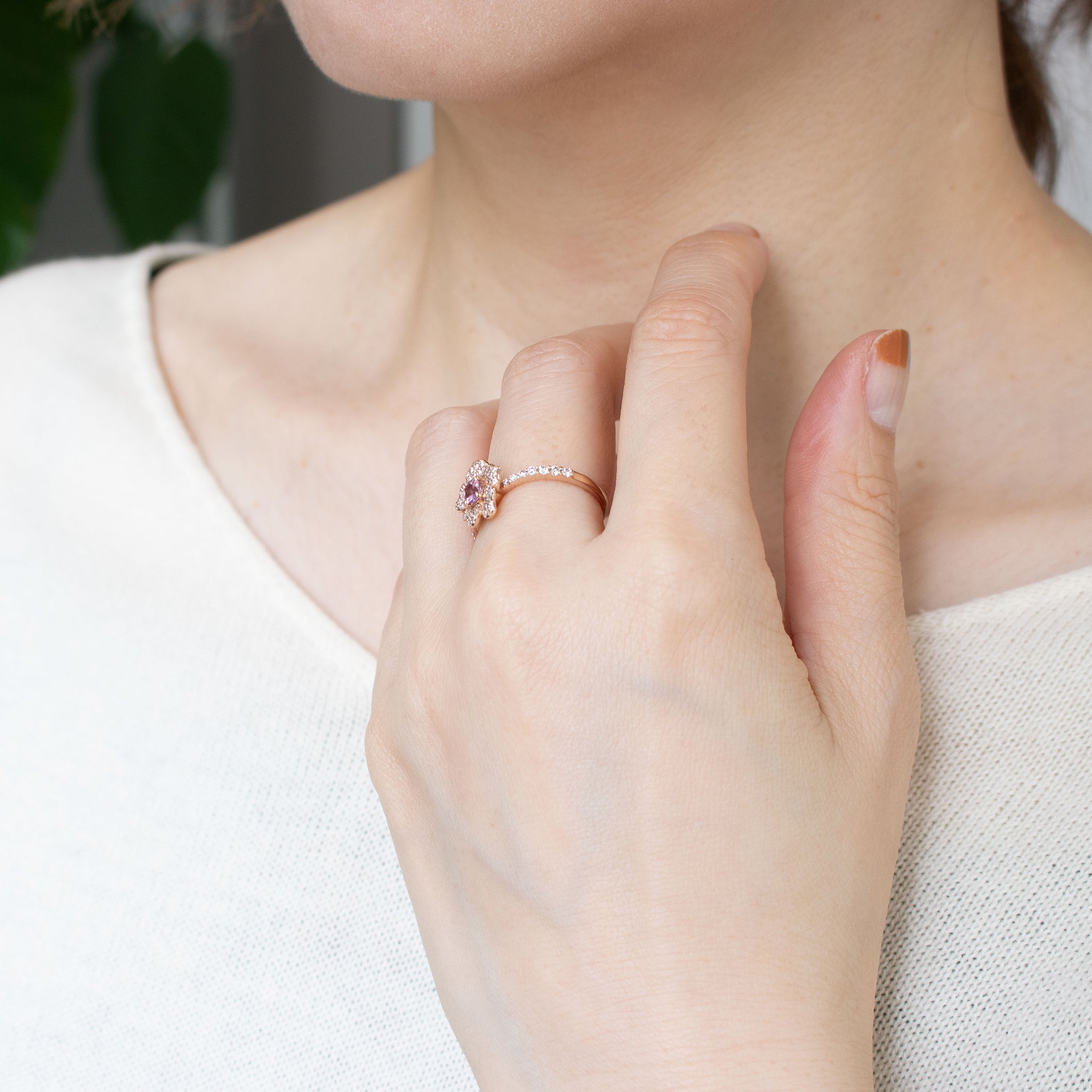 パパラチアサファイア/ダイヤモンド K18リング(フラワーモチーフ/9月誕生石/鑑別書付)《26N00705》