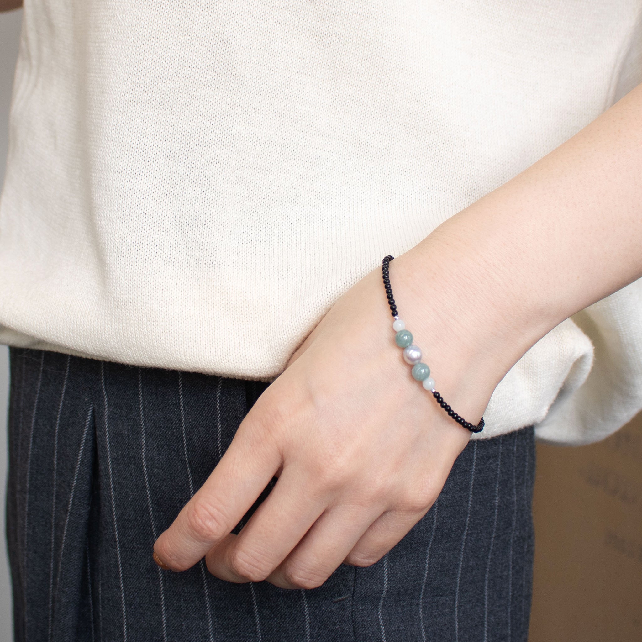 【限定10点】ヒスイ/パール シルバーブレスレット(アコヤ真珠/ナチュラルブルー系)《26T10157》