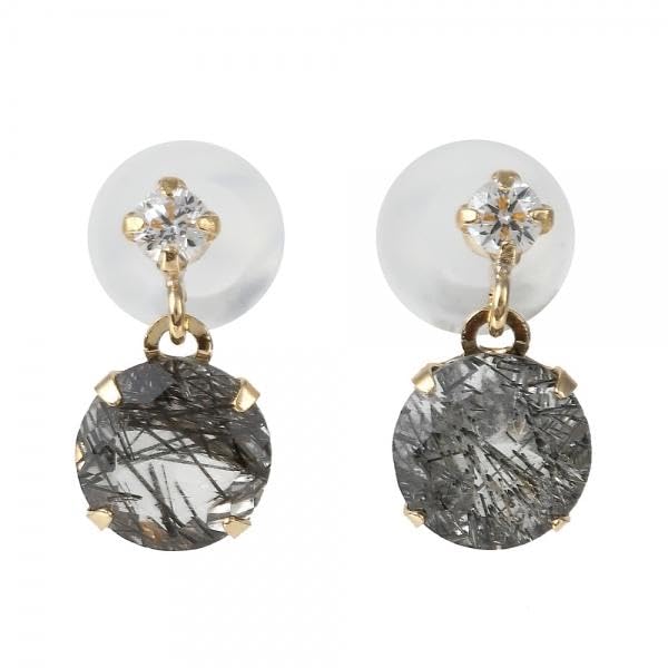 ブラックルチルクオーツ/キュービックジルコニア K18セラミックピアス