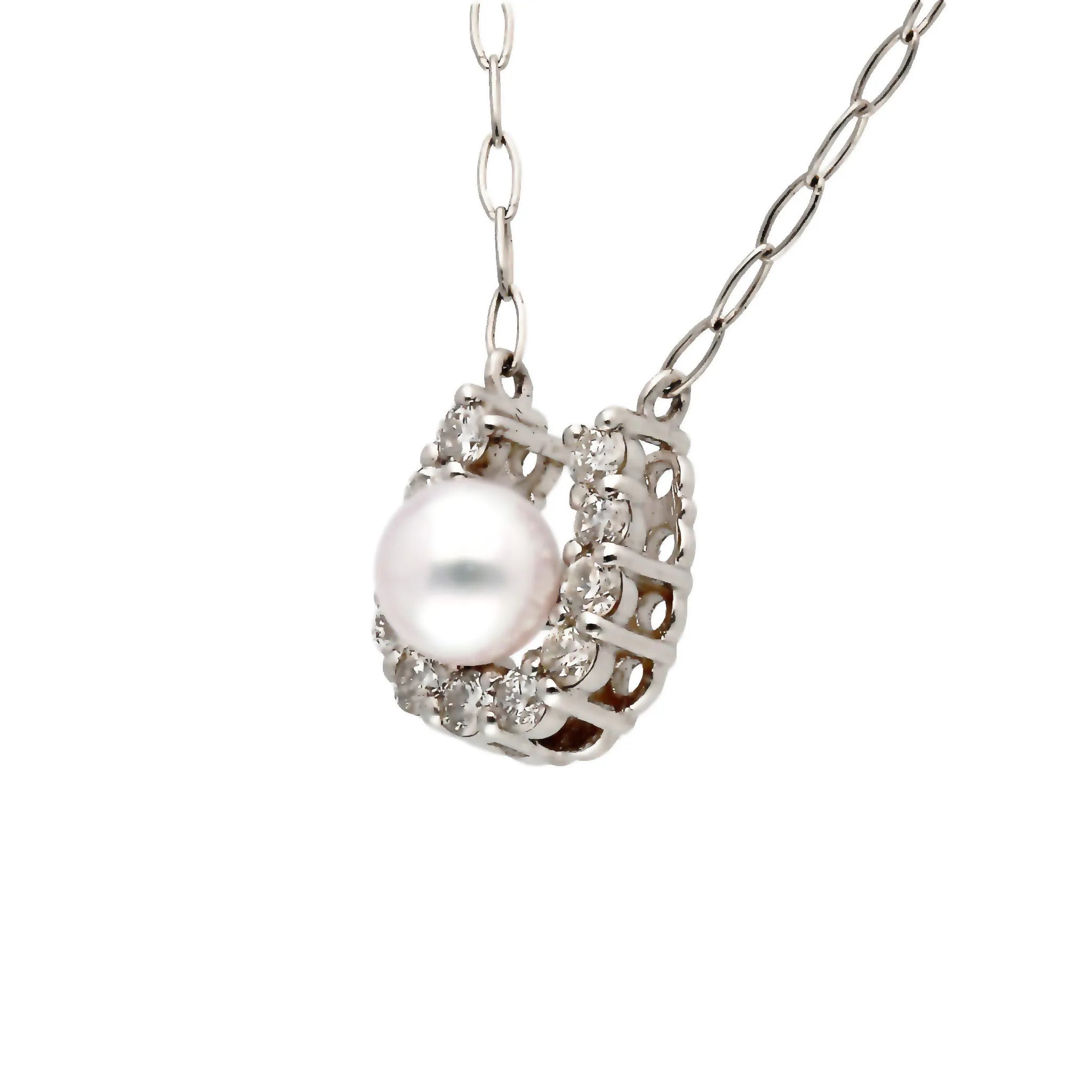 パール/ダイヤモンド プラチナネックレス(アコヤ真珠/3mm/馬蹄/6月誕生石)《JPDQ2044》