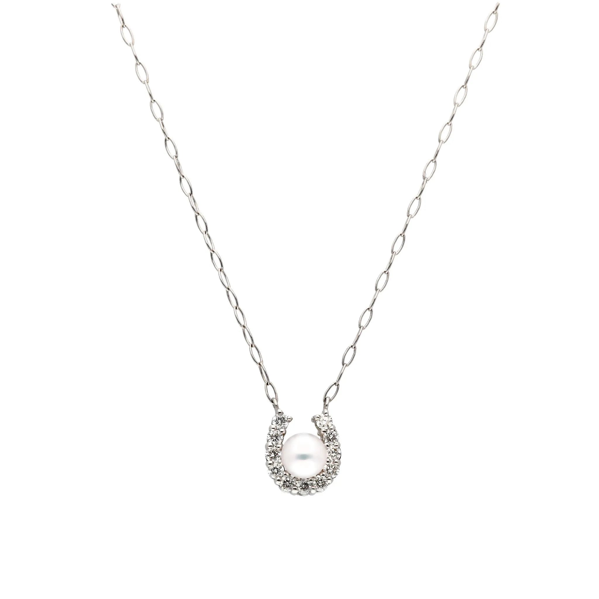 パール/ダイヤモンド プラチナネックレス(アコヤ真珠/3mm/馬蹄/6月誕生石)《JPDQ2044》