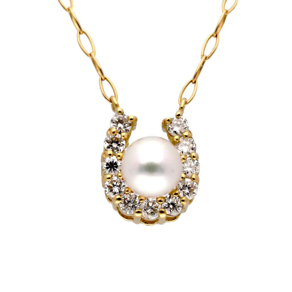 パール/ダイヤモンド K18ネックレス(アコヤ真珠/3mm/馬蹄/6月誕生石