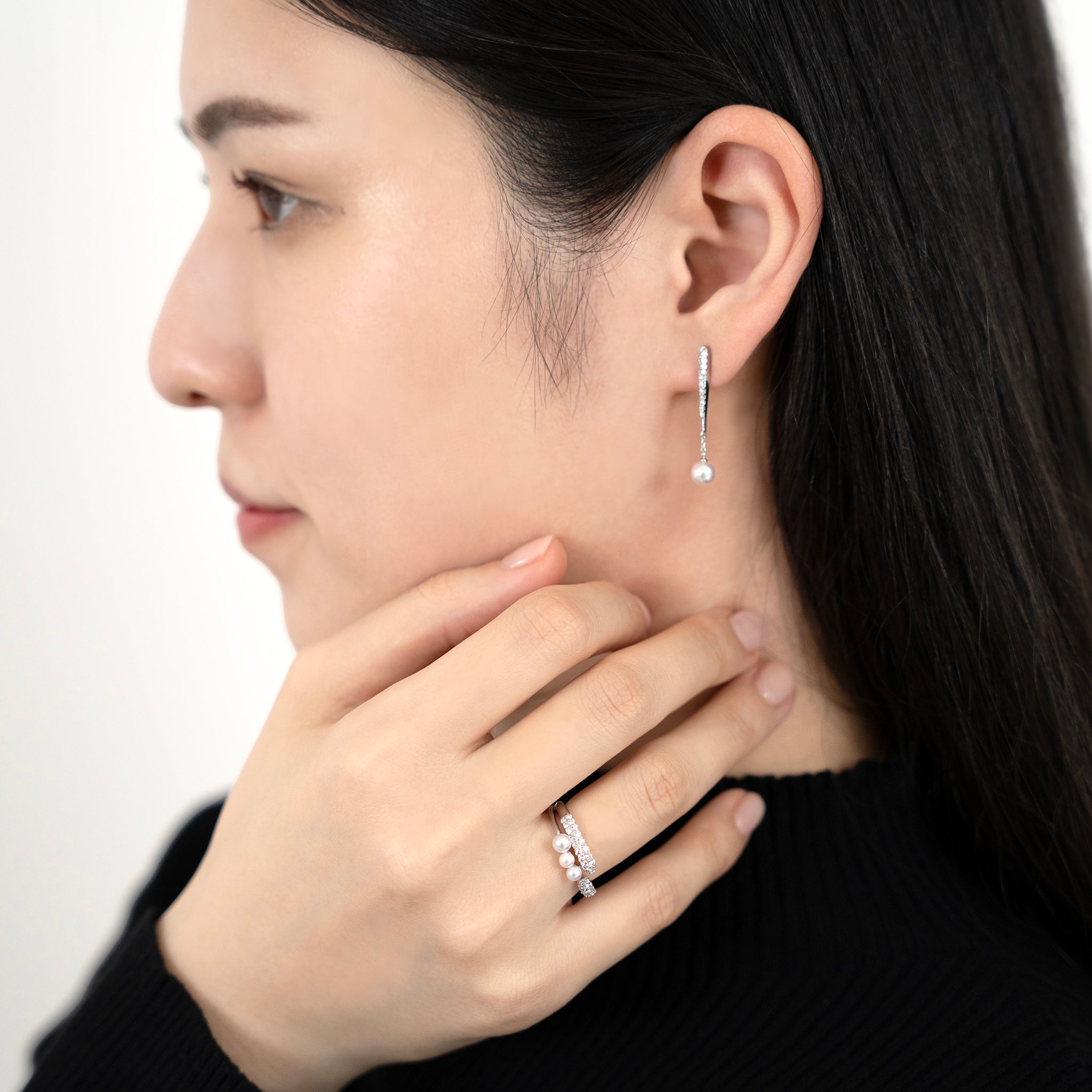 パール/ダイヤモンド K18ピアス(アコヤ真珠/4mm/リーフモチーフ