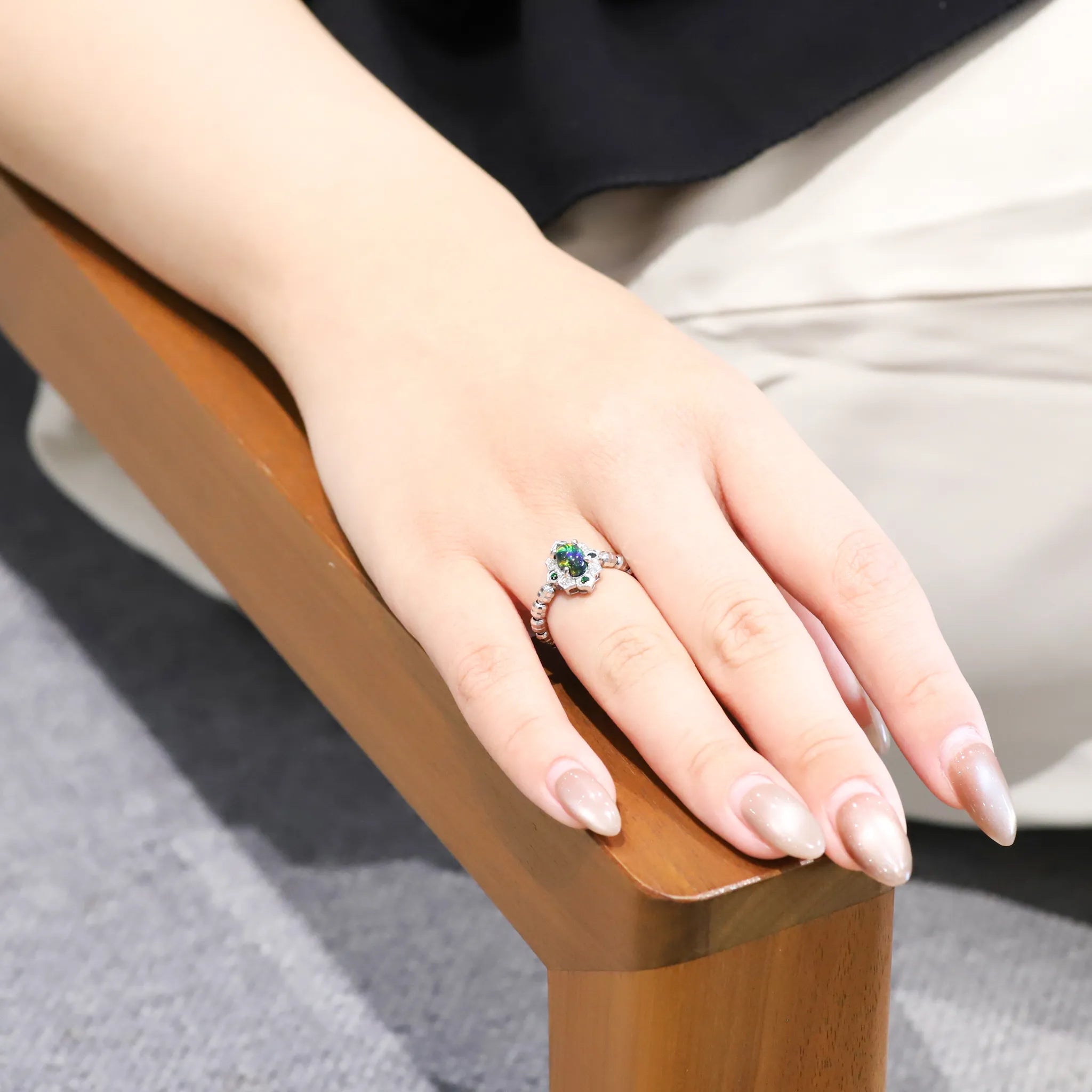 ブラックオパール/ダイヤモンド プラチナリング(クレサンベール/フリーサイズ/10月誕生石)≪WRGB4319≫