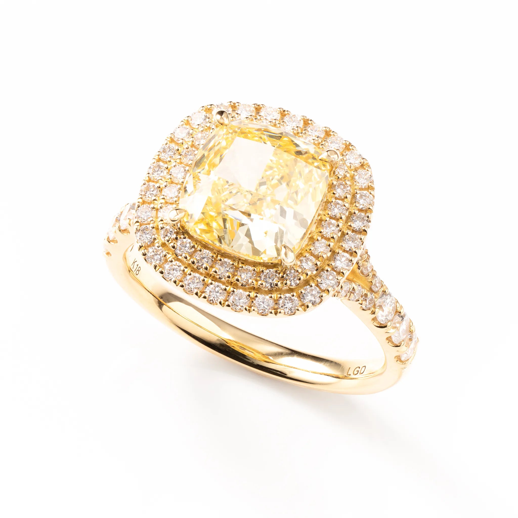 イエローダイヤモンド K18リング(ラボグロウン/二重取り巻き/3.14ct/鑑別書付)《WRGG0021》