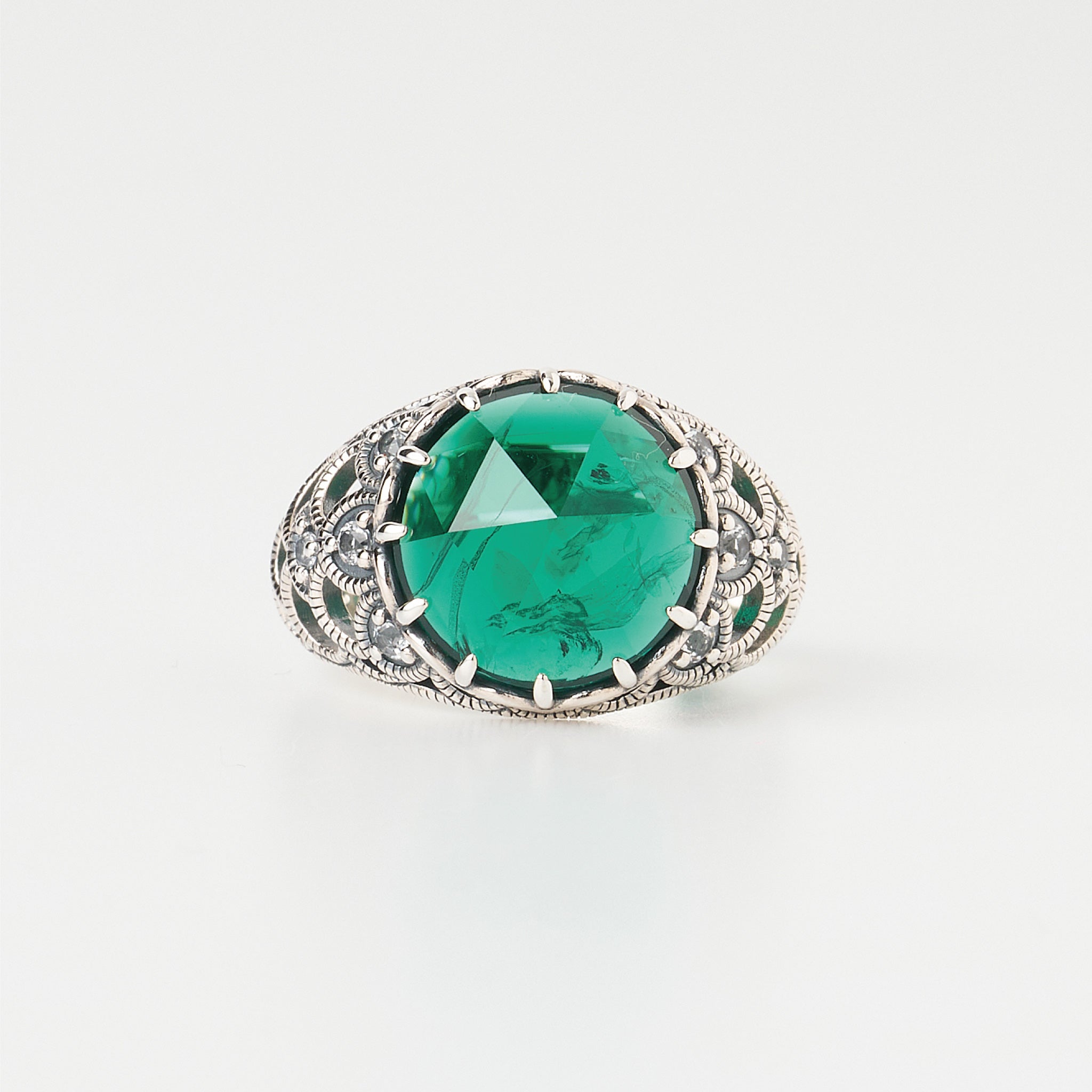 エメラルド/ホワイトトパーズ シルバーリング(いぶし銀仕上げ/LGE