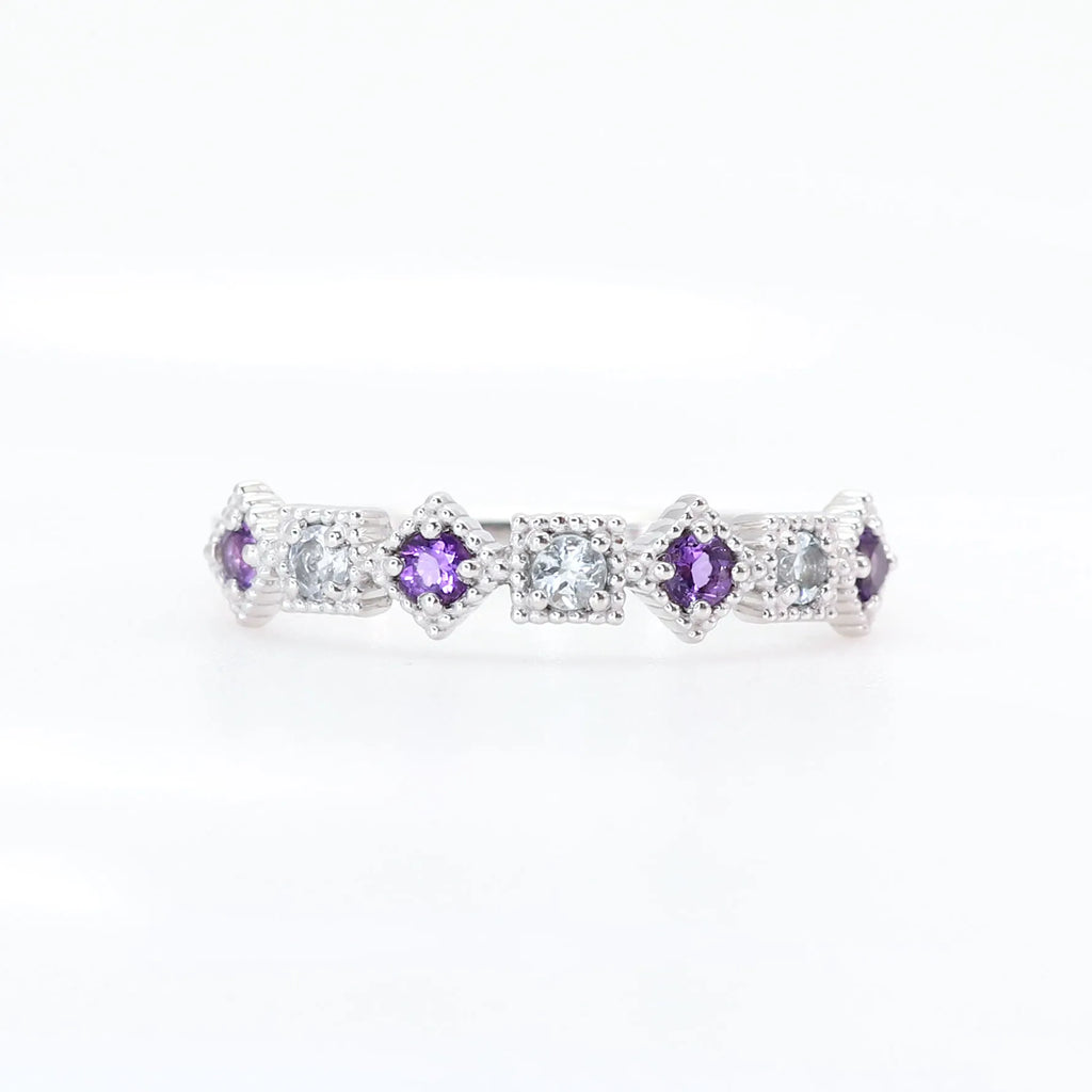 アメシスト/アクアマリン K18リング(ミル打ち/アンティーク風/2月 アメシスト/アクアマリン K18リング(ミル打ち/アンティーク風/2月