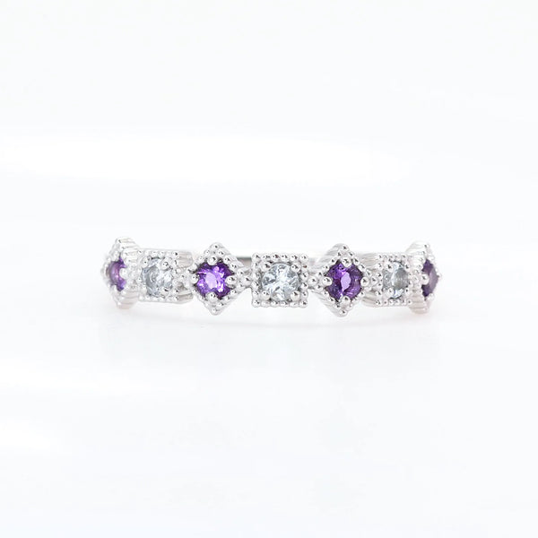 アメシスト/アクアマリン K18リング(ミル打ち/アンティーク風/2月 アメシスト/アクアマリン K18リング(ミル打ち/アンティーク風/2月